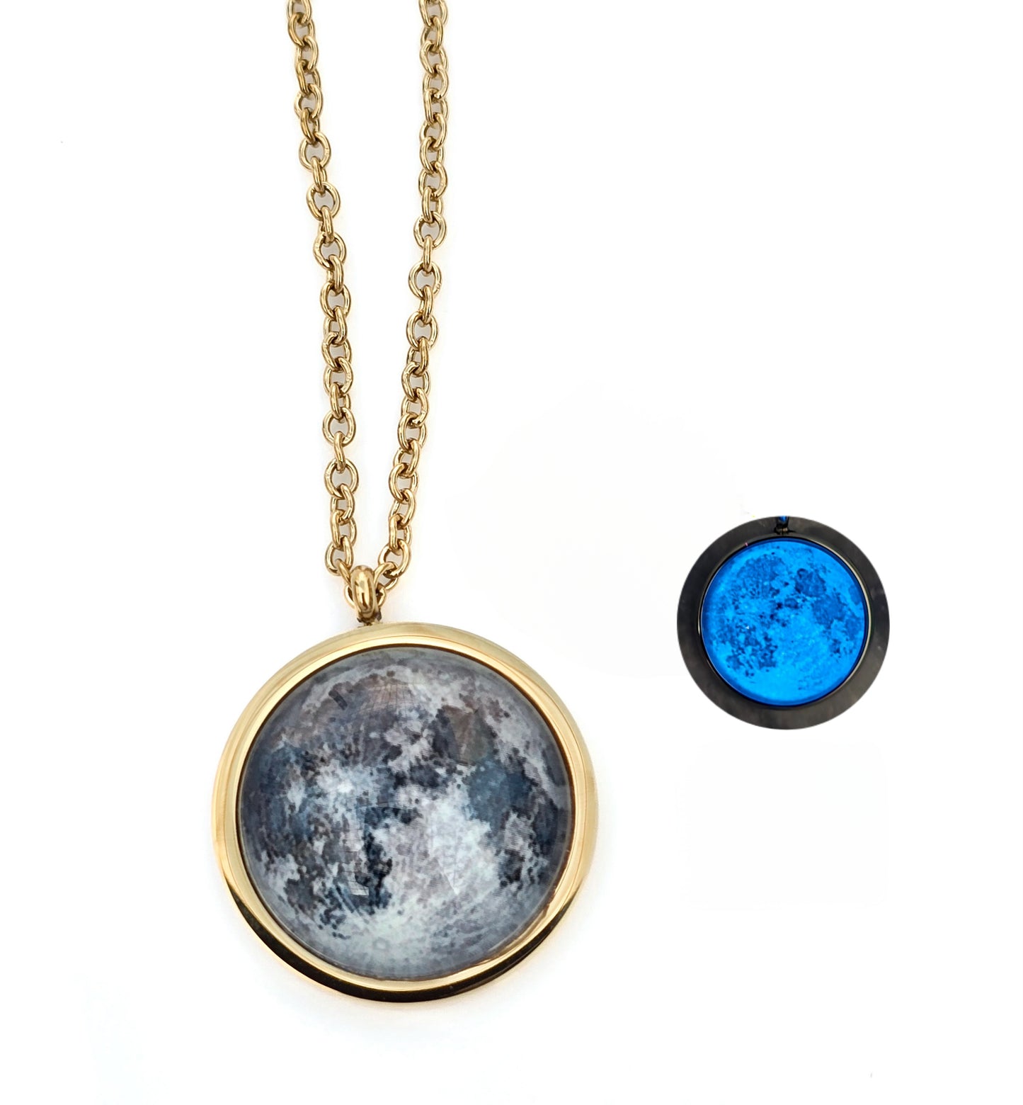 Collar de Luna - laminado en ORO 14k - Doble Cara - Brilla En la Oscuridad Lunna