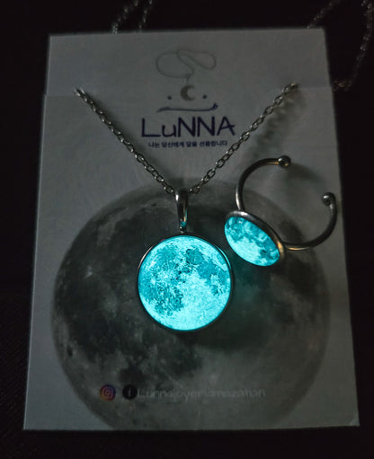 Conjunto Collar y Anillo de Luna - Brilla en la oscuridad