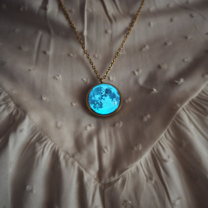 Collar de Luna - laminado en ORO 14k - Doble Cara - Brilla En la Oscuridad Lunna