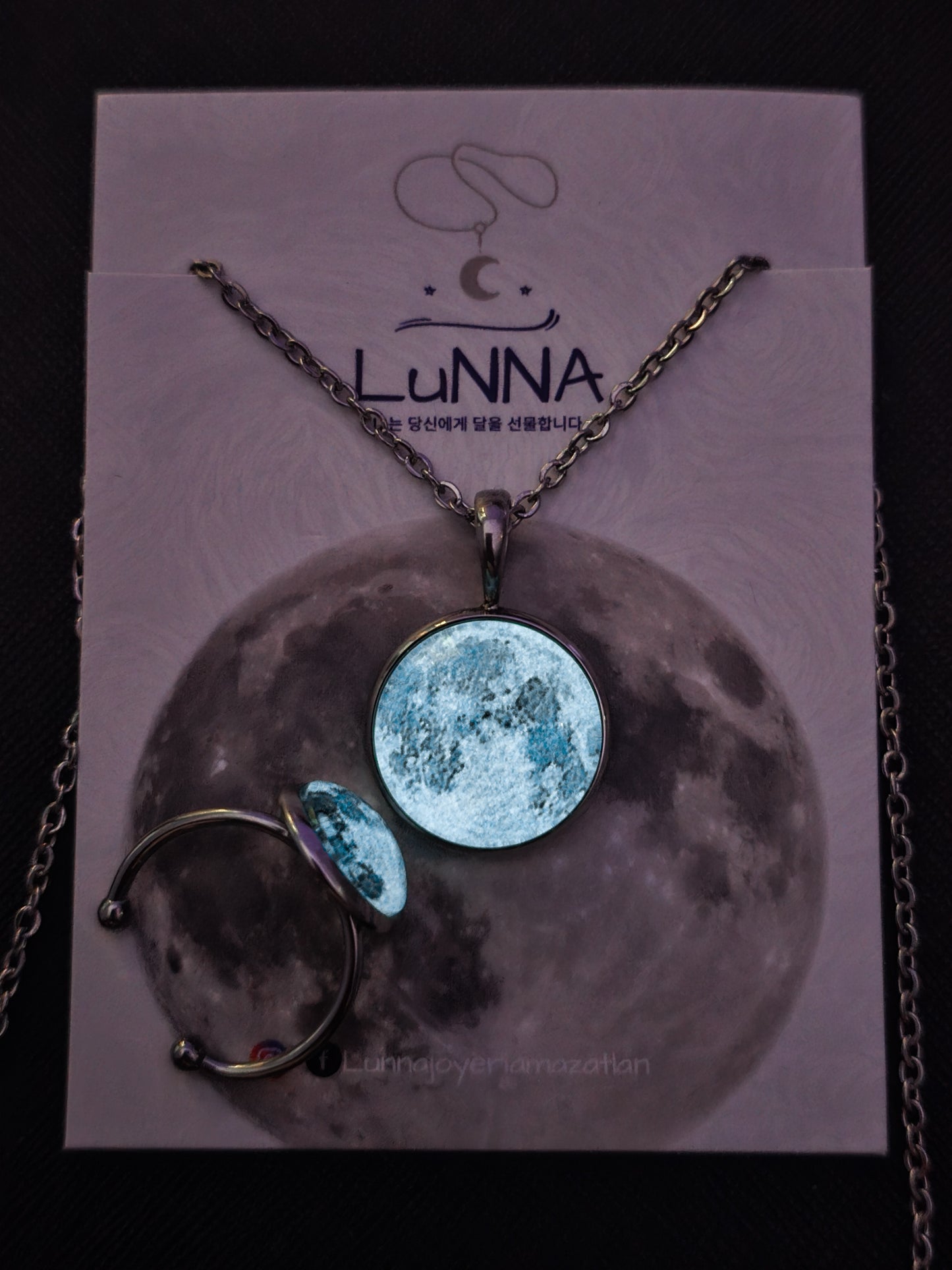Conjunto Collar y Anillo de Luna - Brilla en la oscuridad