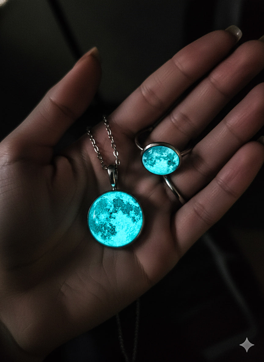 Conjunto Collar y Anillo de Luna - Brilla en la oscuridad
