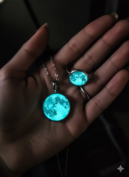Conjunto Collar y Anillo de Luna - Brilla en la oscuridad