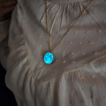 Collar de Luna - laminado en ORO 14k - Doble Cara - Brilla En la Oscuridad Lunna