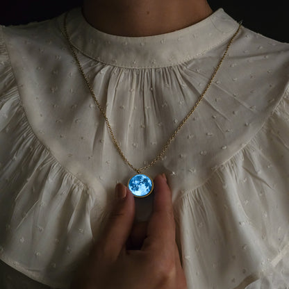Collar de Luna - laminado en ORO 14k - Doble Cara - Brilla En la Oscuridad Lunna
