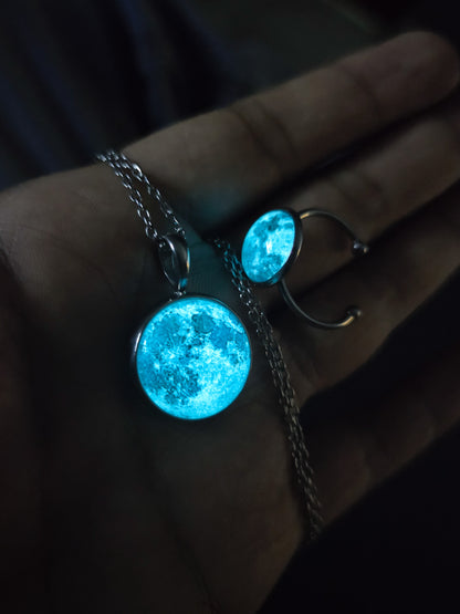 Conjunto Collar y Anillo de Luna - Brilla en la oscuridad