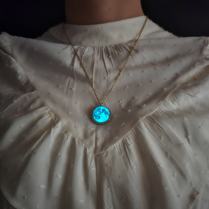 Collar de Luna - laminado en ORO 14k - Doble Cara - Brilla En la Oscuridad Lunna