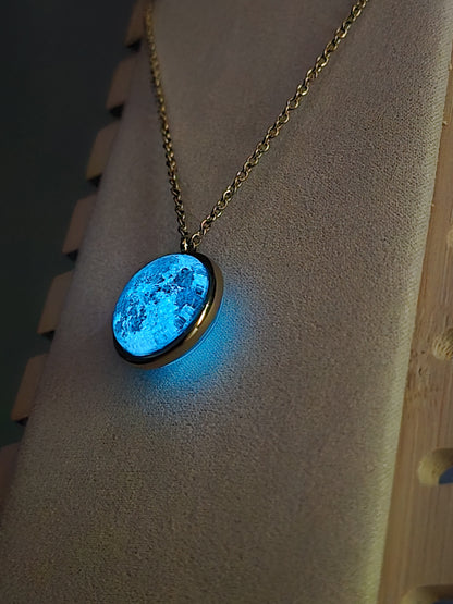 Collar de Luna - laminado en ORO 14k - Doble Cara - Brilla En la Oscuridad Lunna